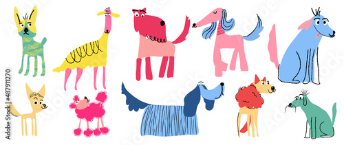 Set of cute dogs vector. Lovely dog and friendly puppy doodle pattern in different poses and breeds with flat color. Colorful funny pet and many characters hand drawn collection on white background.