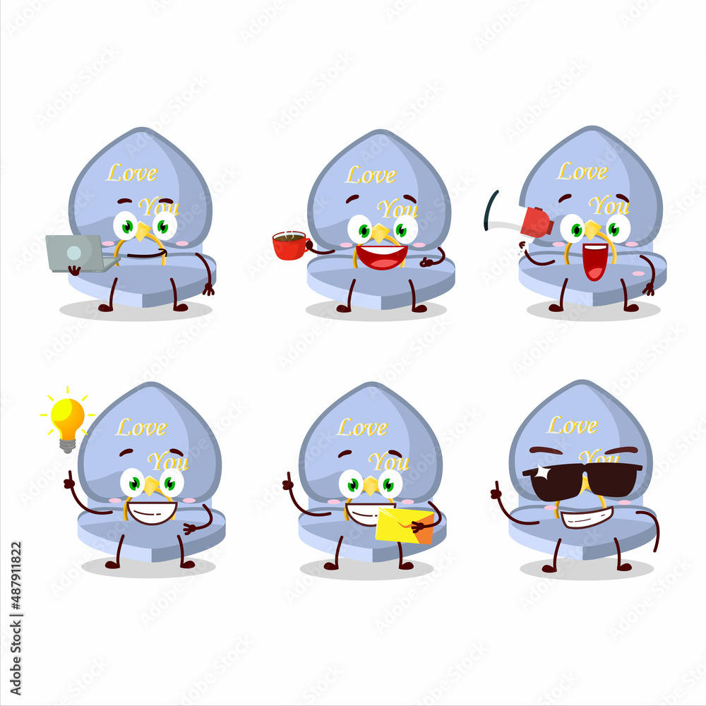 Blue love ring box cartoon character with various types of business emoticons Blue love ring box cartoon character with various types of business emoticons