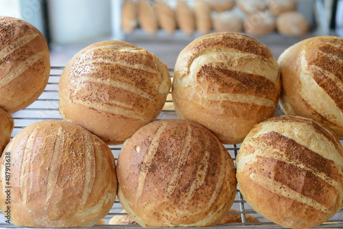 Freshly baked round bread.