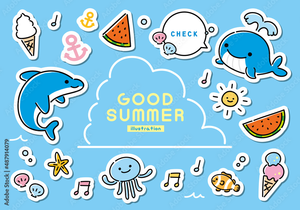 Naklejka premium 白フチ かわいい夏のベクターイラストセット カラフル