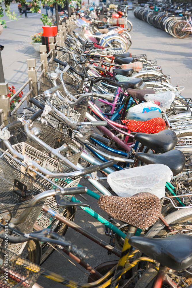 Bicycles parked in the street, Beijing, China