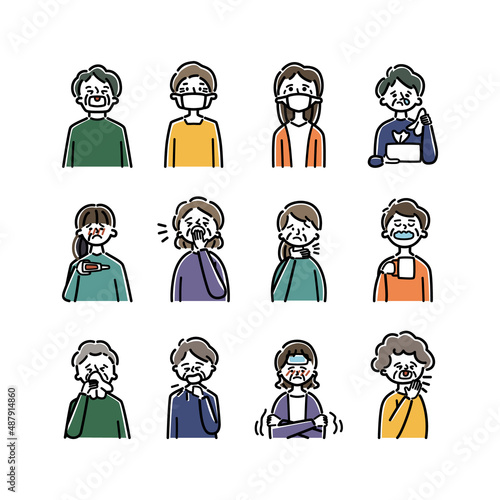 風邪をひいたシニアの人々のイラストセット