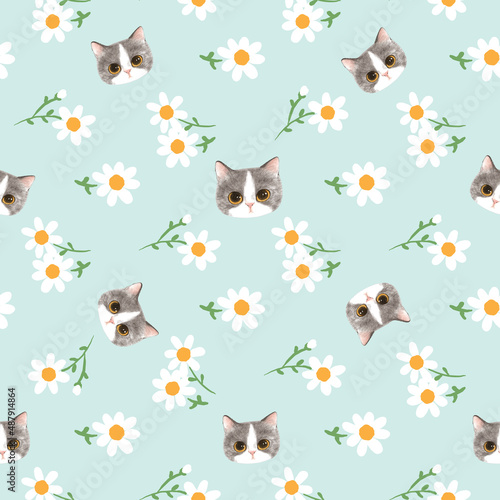 Seamless Pattern with Hand Drawn Cute Cat Face and White Daisy Design on Light Green Background