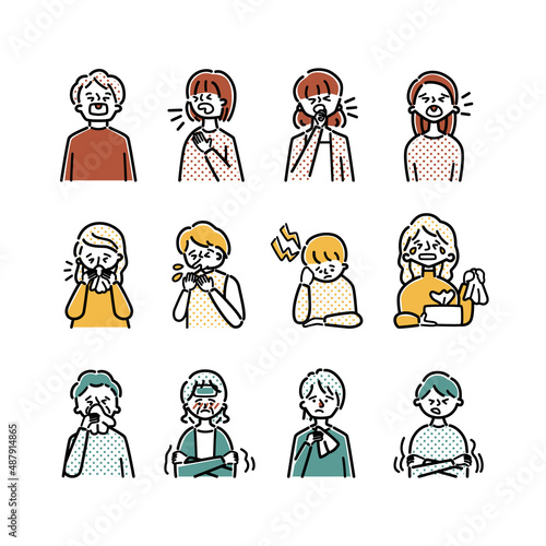 風邪をひいた人々のイラストセット