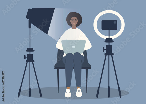 vector hand drawn illustration in flat style on the theme of blogging, creating video content. young black woman filming video on smartphone