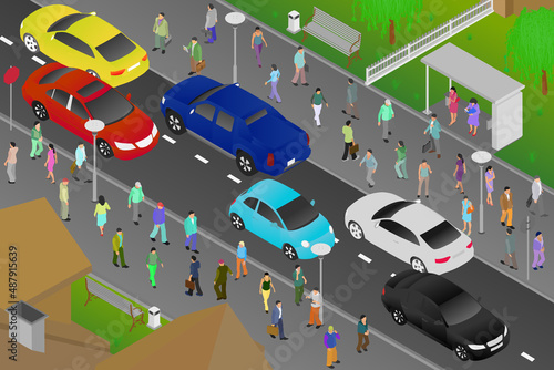 A busy street with moving cars and people walking along the sidewalks. Bright illustration of everyday city life. Flat style. Isometric view. Vector illustration