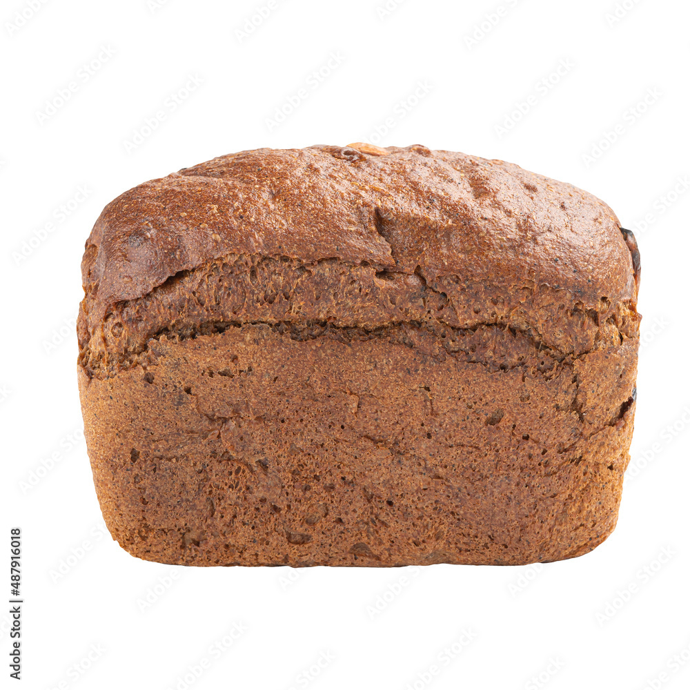 Isolated fresh baked rye bread with dried fruits and nuts on white background Isolated fresh baked rye bread with dried fruits and nuts on white background