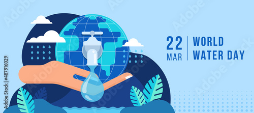 world water day - big hand hold globe world with drops water falling from the tap to river and rain falling from cloud vector design