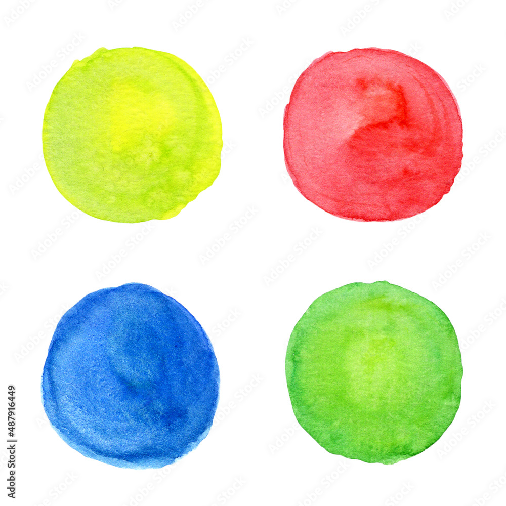 Collection of colored watercolor stains. Hand drawn illustration isolated on white background. Round blob, bright textured brush stroke. Colorful splashes of yellow, red, blue, green paint
