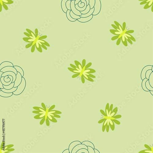 Trendy seamless pattern in natural green tones, abstract tropical leaves, shapes, flowers, hand drawn, vector