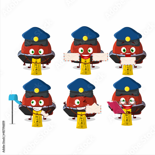 A picture of cheerful red vampire hat postman cartoon design concept
