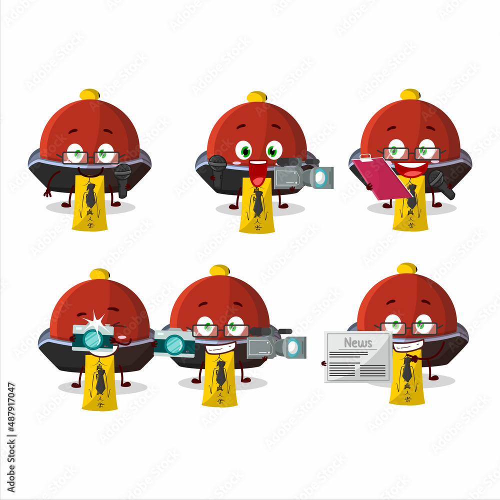 Fototapeta premium Character reporter red vampire hat cute mascot with microphone