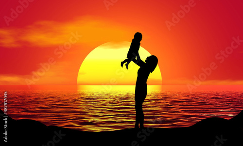 Mother baby Mom Sunset Beach Sunrise landscape illustration