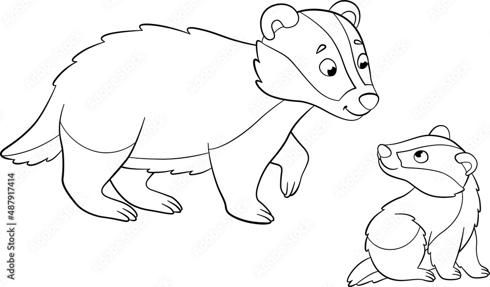 Fototapeta premium Coloring page. Mother badger stands with her little cute baby and smiles.