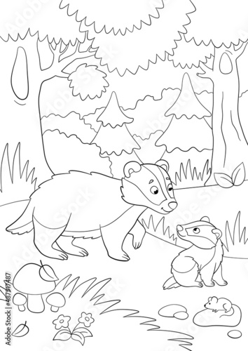 Coloring page. Mother badger stands with her little cute baby in the forest and smiles.