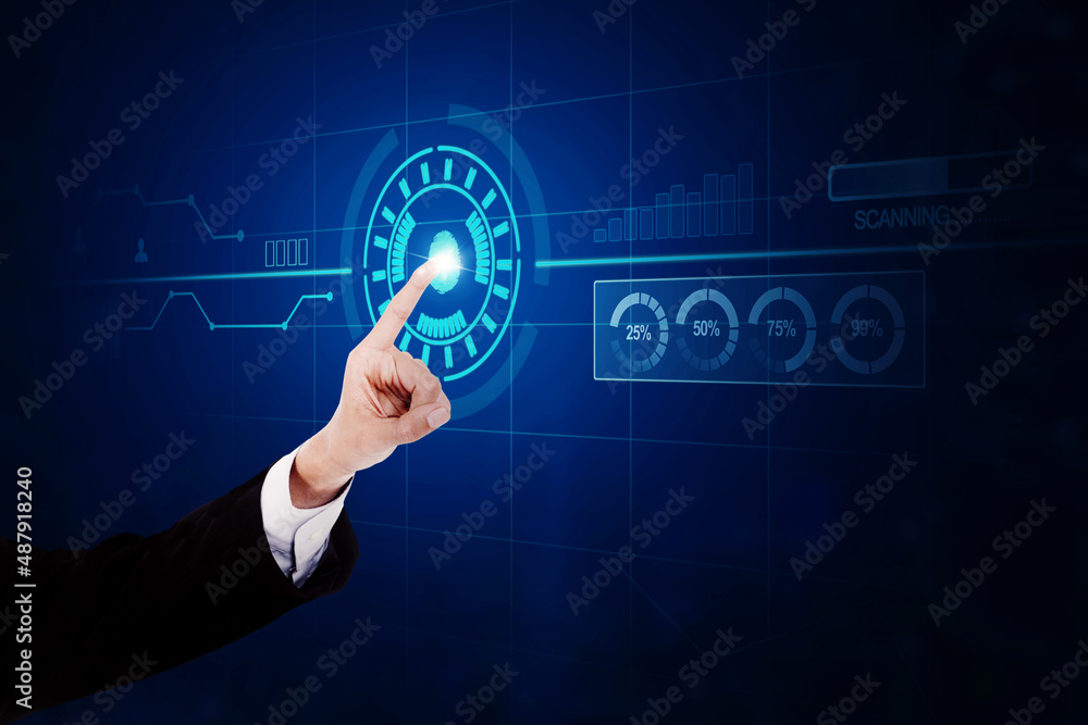 Naklejka premium Businessman hand scanning fingerprint system