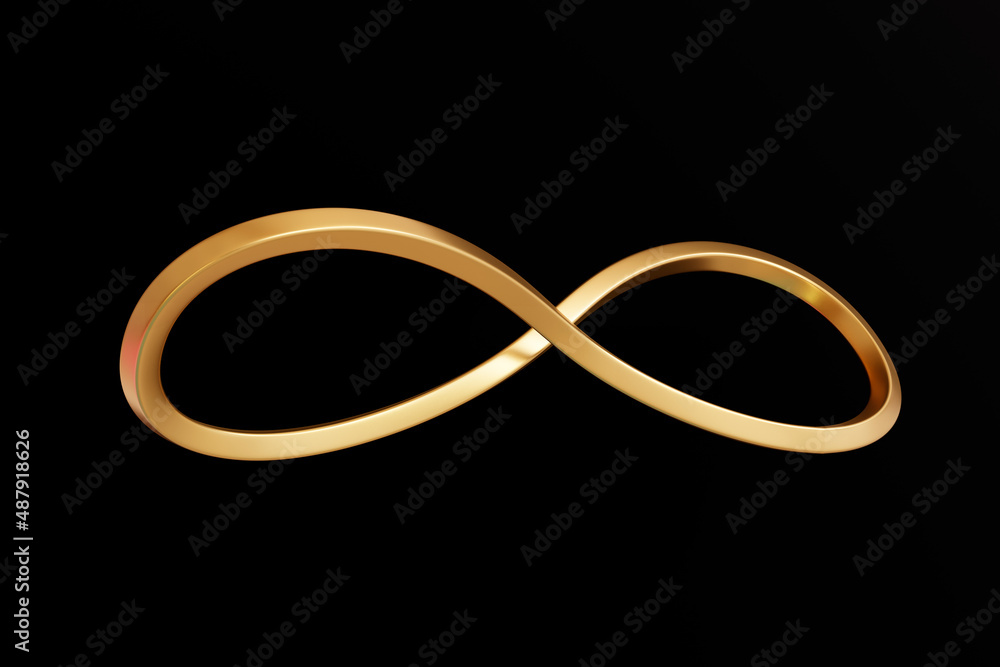 Infinity symbol gold color on black background. 3D render illustration. Infinity symbol gold color on black background. 3D render illustration.
