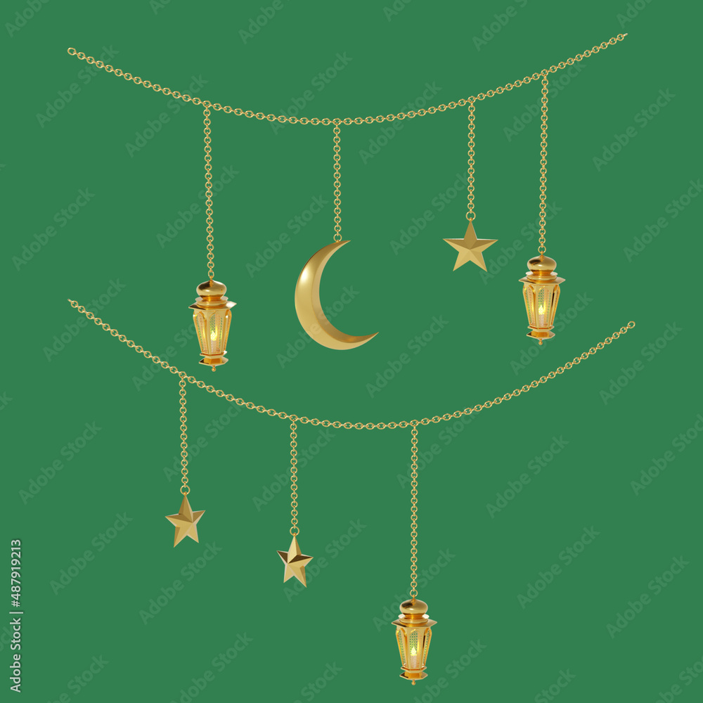 3d render arabic lantern hanging on a gold chain, isolated on green background 3d render arabic lantern hanging on a gold chain, isolated on green background