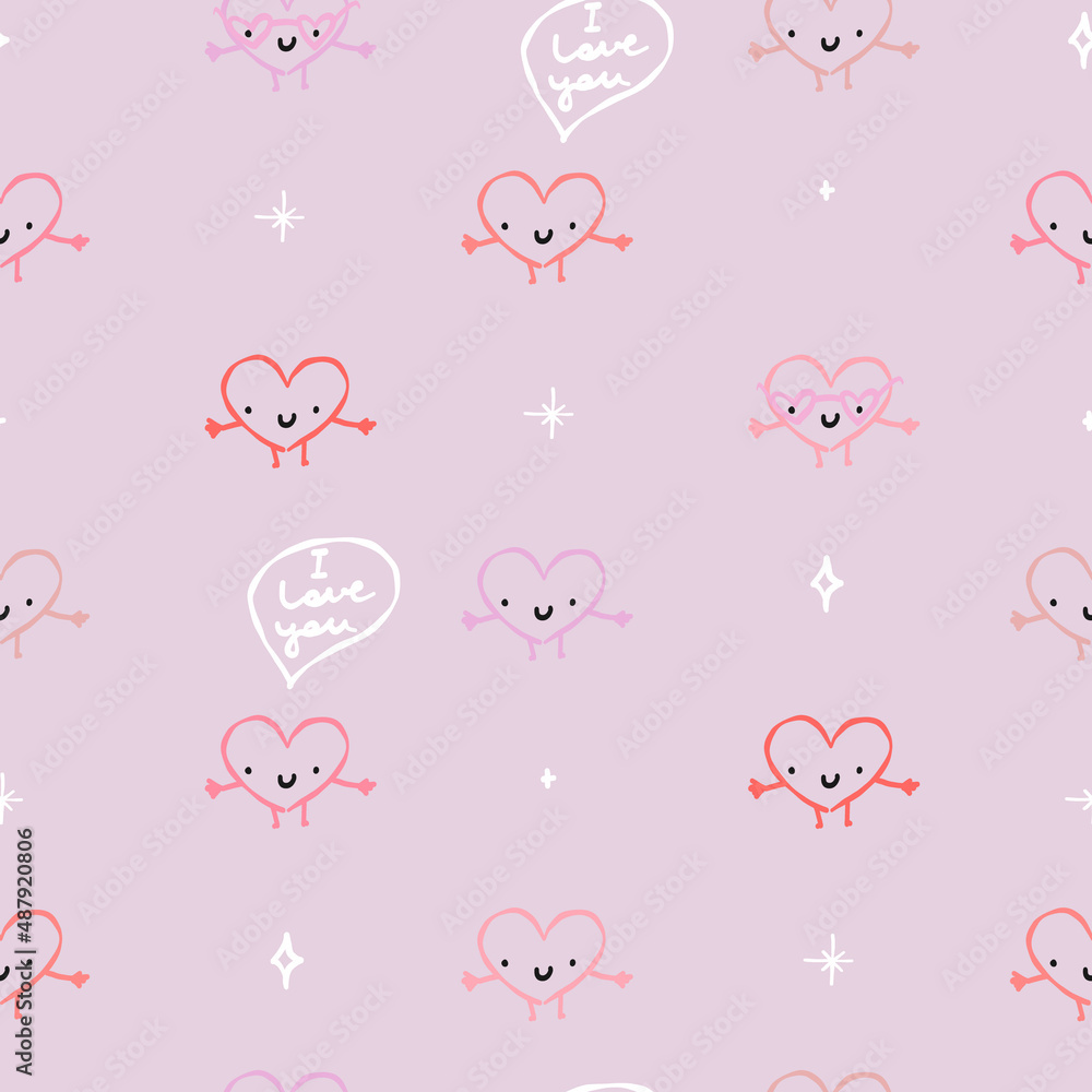 Cute pastel pink pattern with doodle white line funny hearts with faces. Textiles for children, fabric, book, bedroom, baby. Digital paper scrapbook, seamless background.