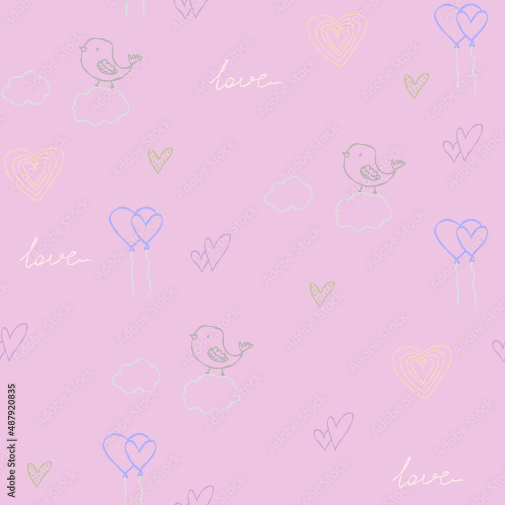 Cute pink pattern with doodle line birds in the clouds, balls, hearts. Textiles for children, fabric, book, bedroom, baby. Digital paper scrapbook, seamless background.
