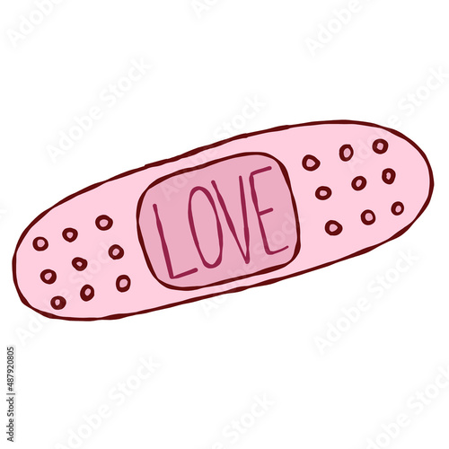 Vector cute pink bandage text love. Doodle on an isolated background. Print, banner, brochure.