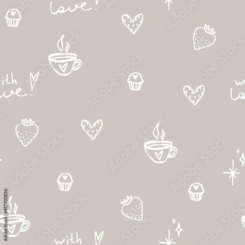 Cute pastel brown pattern with white doodle line coffee, tea, cafe, muffins, strawberry, dessert with love. Textiles for children, fabric, book, bedroom, baby. Digital paper scrapbook.