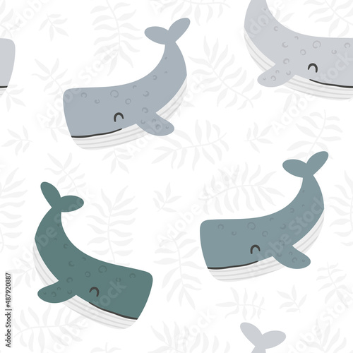 Whales seamless pattern with floral elements. Doodle hand drawn Scandinavian style vector illustration.