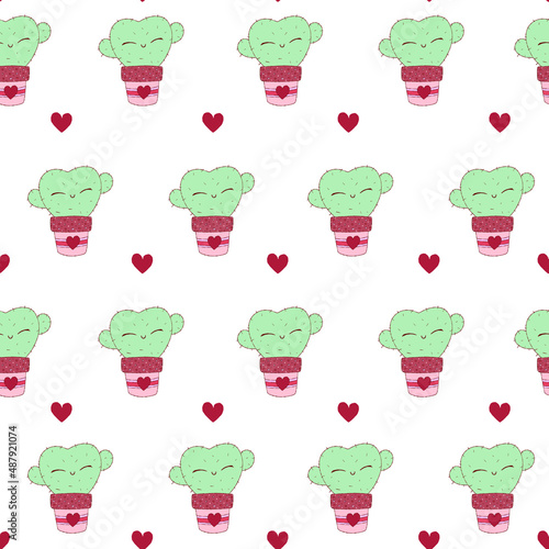Hand drawn cactus with hearts seamless pattern. Cute texture for Valentine's day, children.