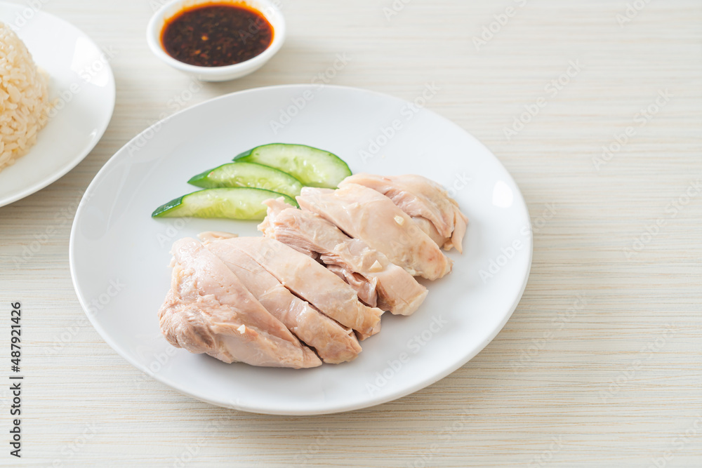 Hainanese chicken rice or rice steamed with chicken soup Hainanese chicken rice or rice steamed with chicken soup