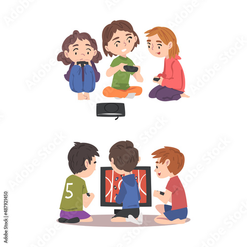 Cute kids playing video game together cartoon vector illustration