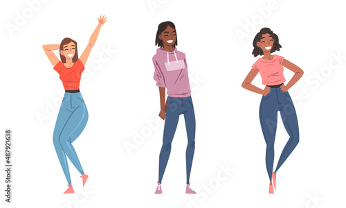 Happy smiling girls in casual outfit set cartoon vector illustration