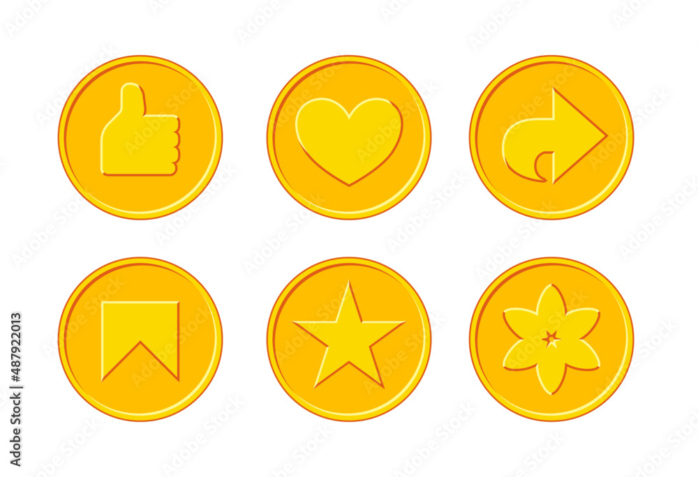 Social media icons set. Coins with like, share, bookmark, star, and flower signs. Social media icons set. Coins with like, share, bookmark, star, and flower signs.