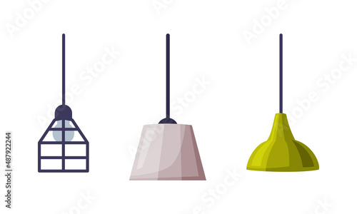 Hang ceiling lamps set, cozy room interior element vector illustration