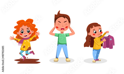 Diligent and naughty children set. Girl jumping in puddle, hanging up her clothes. Boy is angry cartoon vector illustration