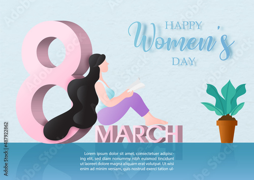 Woman cartoon character sit on 8 March wording of Women's day, example texts on blue background