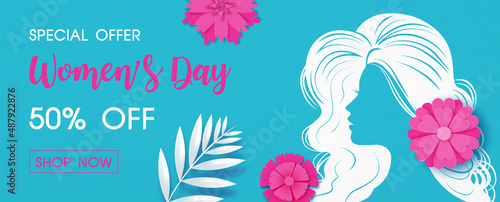 Magenta flowers in paper cut style on white silhouette woman shape with women's day specials offer sale wording isolate on sea green color background.