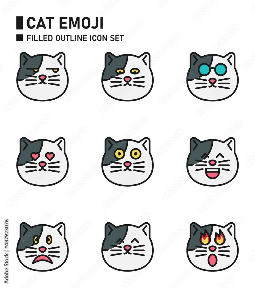 Fototapeta premium Cat emoji filled outline icon set.