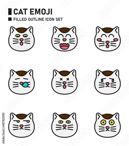 Fototapeta Naklejka Na Ścianę i Meble -  Cat emoji filled outline icon set.