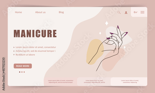 Manicure service landing page template. Linear female hands. Beauty logo for nail studio or spa salon. Vector Illustration in flat cartoon style. Website design.