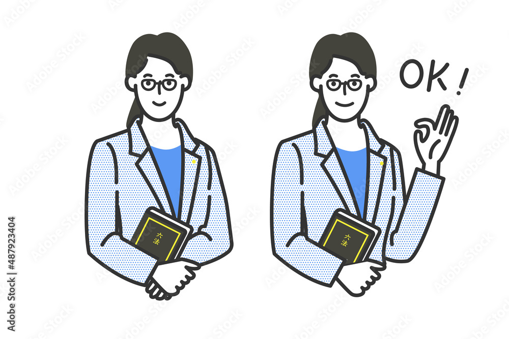 長い髪を束ねた誠実で優しそうな日本の女性弁護士の白バックのシンプルな線画のイラスト