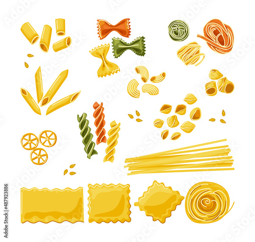 Various multi-colored paste set on a white isolated background. Italian macaroni cuisine. Vector cartoon illustration