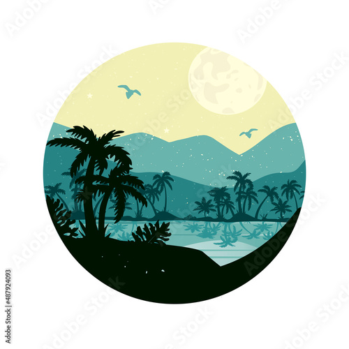 tropical landscape vector illustration. landscape with palm trees in round frame vector.palm trees, sea, mountains vector drawing.eps