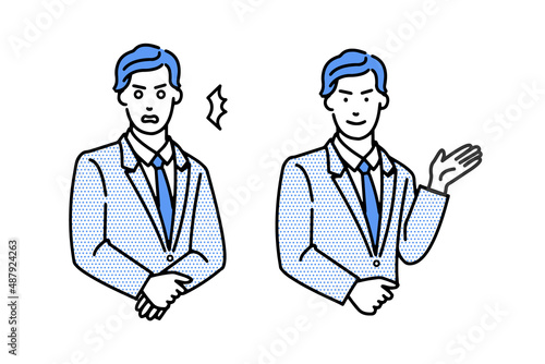 スーツにネクタイ姿のビジネスマンのマルバツやオッケーなどの表情バリエーションの白背景に線画のシンプルなイラスト