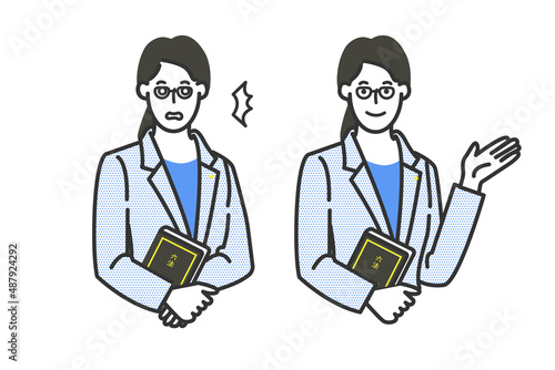 長い髪を束ねた誠実で優しそうな日本の女性弁護士の白バックのシンプルな線画のイラスト