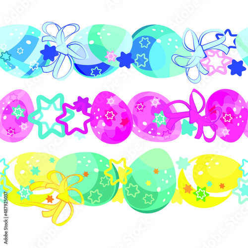 Curbs. Easter egg patterns. Seamless wreath of Easter multicolored eggs and bows. Bright cartoon picture. For the church celebration of the consecration of eggs and talking. Printing on fabric and pap © Irina