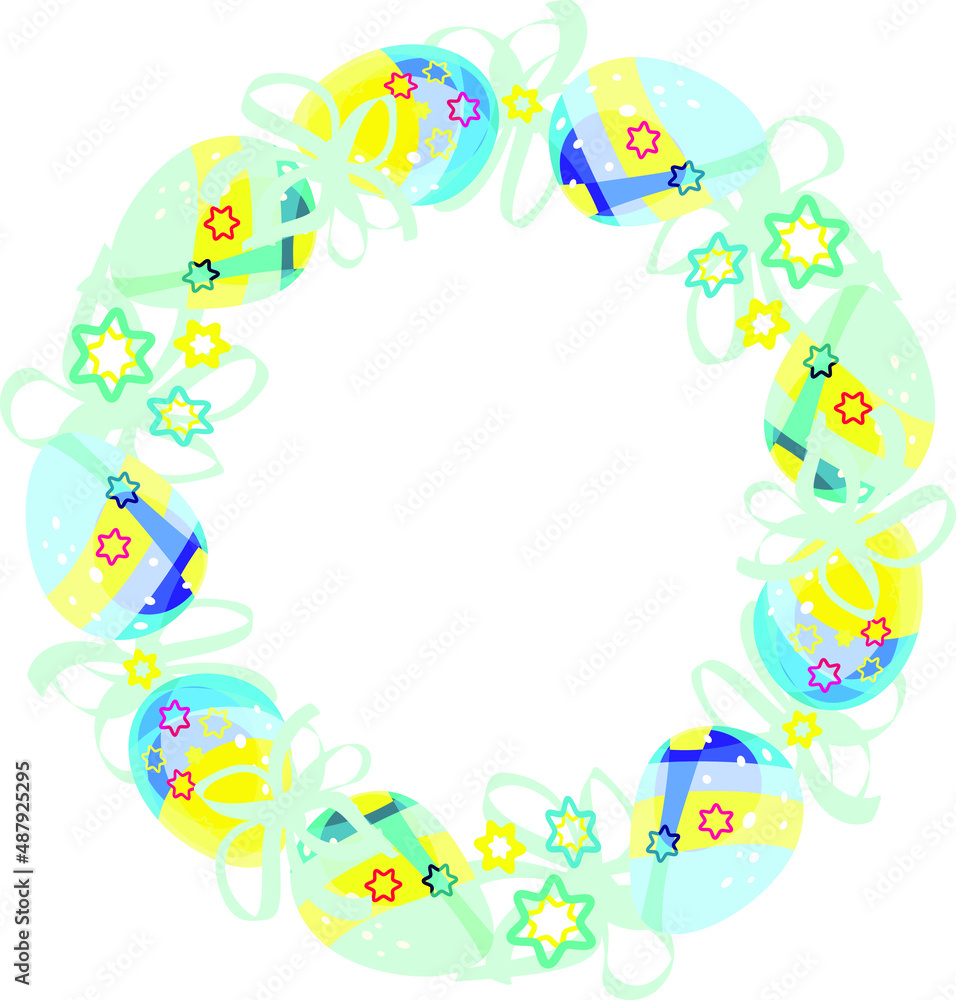 A wreath. Easter egg frame. Round sublimation of Easter colorful eggs and bows. Bright cartoon picture. For the church celebration of the consecration of eggs. A wreath. Easter egg frame. Round sublimation of Easter colorful eggs and bows. Bright cartoon picture. For the church celebration of the consecration of eggs.