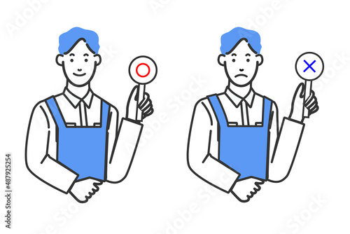 シャツにエプロンの男性のマルバツやオッケーなどの表情バリエーションの白背景に線画のシンプルなイラスト