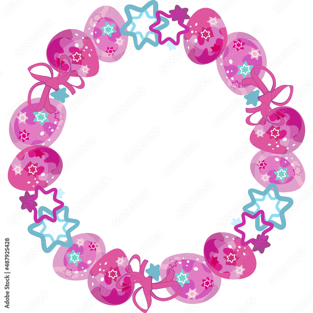 A wreath. Easter egg frame. Round sublimation of Easter colorful eggs and bows. Bright cartoon picture. For the church celebration of the consecration of eggs. A wreath. Easter egg frame. Round sublimation of Easter colorful eggs and bows. Bright cartoon picture. For the church celebration of the consecration of eggs.