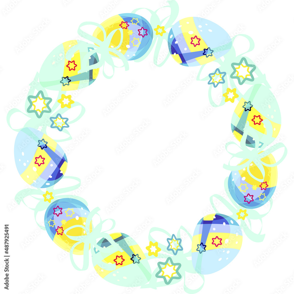A wreath. Easter egg frame. Round sublimation of Easter colorful eggs and bows. Bright cartoon picture. For the church celebration of the consecration of eggs. A wreath. Easter egg frame. Round sublimation of Easter colorful eggs and bows. Bright cartoon picture. For the church celebration of the consecration of eggs.