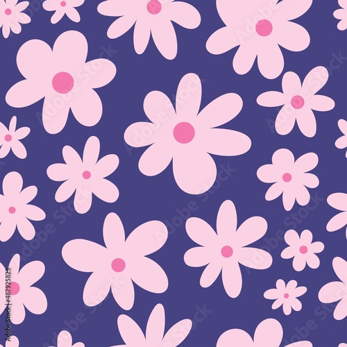 Seamless pattern with different plants and  flowers on blue background. Vector print with herbs. Botanical doodle wallpaper.